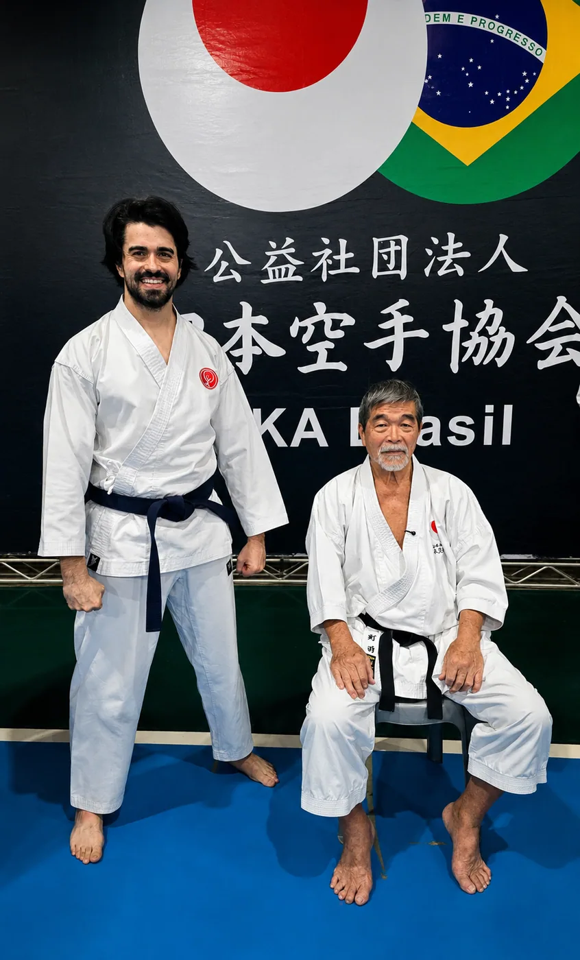 Gigio de quimono ao lado de um mestre de karatê