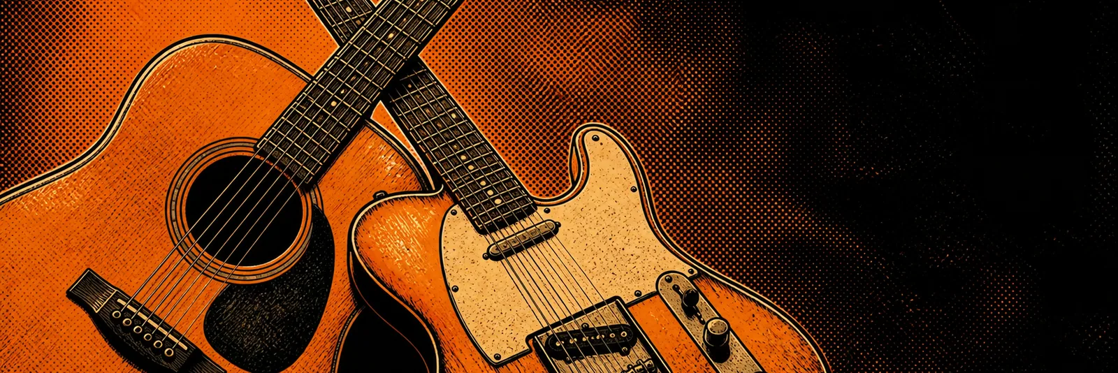 Guitarras acústica e elétrica cruzadas em ilustração de quadrinhos