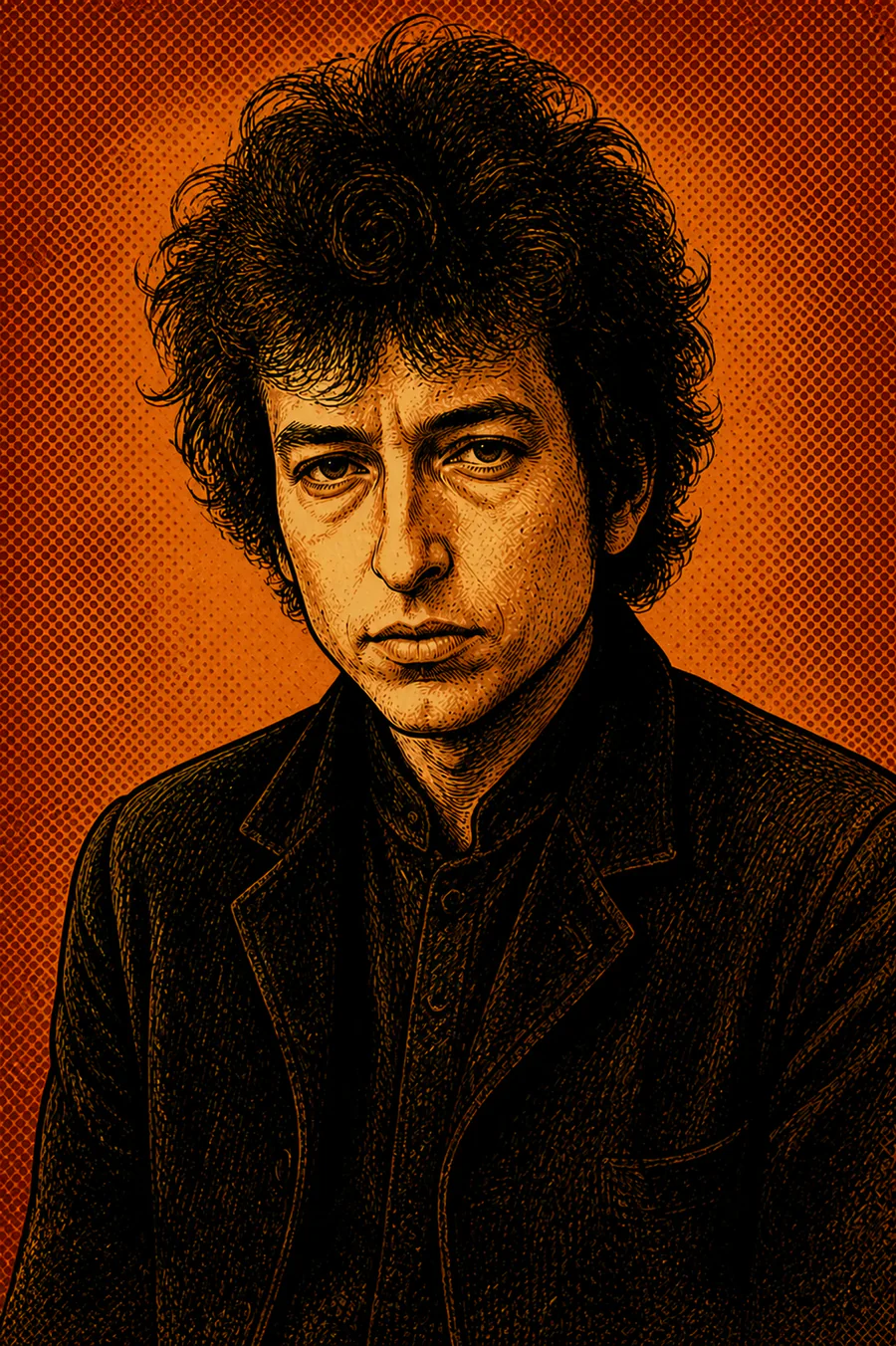 Retrato de Bob Dylan em estilo graphic novel, com cabelos cacheados e roupa preta