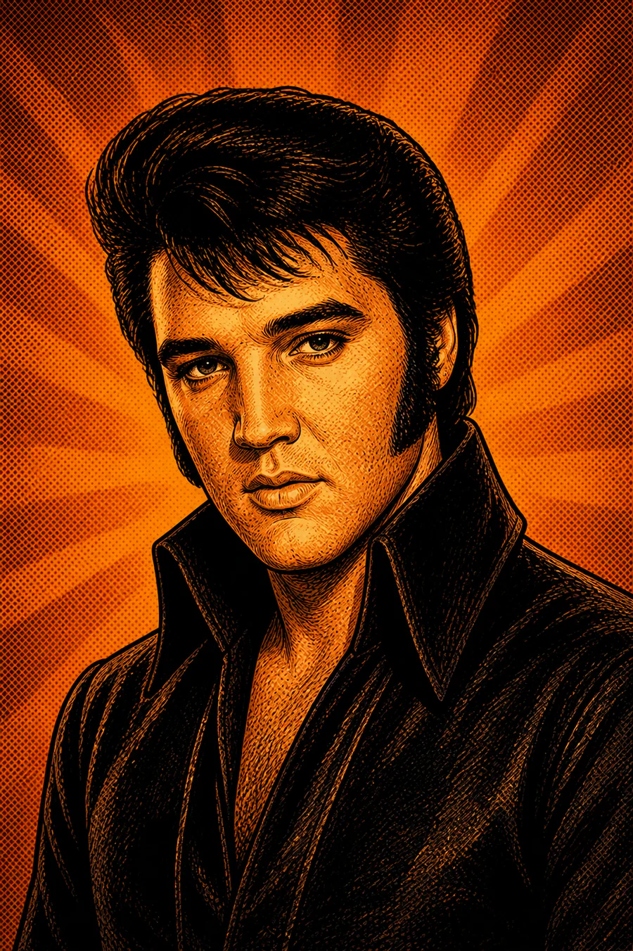 Retrato de Elvis Presley em estilo graphic novel, com topete e roupa preta