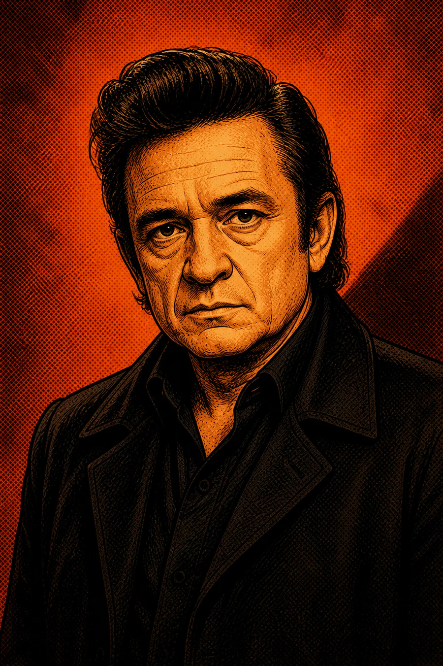 Retrato de Johnny Cash em estilo graphic novel, vestido de preto