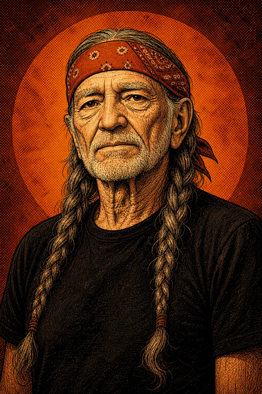 Retrato de Willie Nelson em estilo graphic novel, com bandana vermelha e tranças
