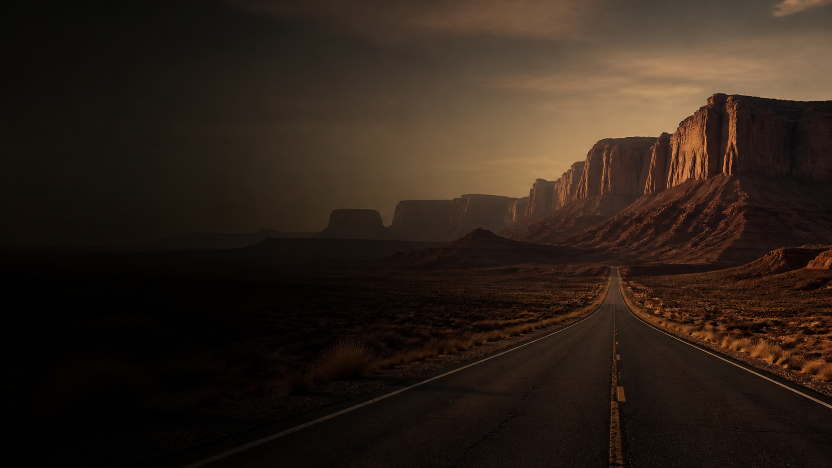 Estrada americana atravessando o deserto em direção a grandes cânions