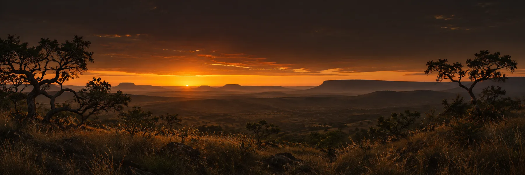 Paisagem cinematográfica do Cerrado brasileiro ao entardecer.