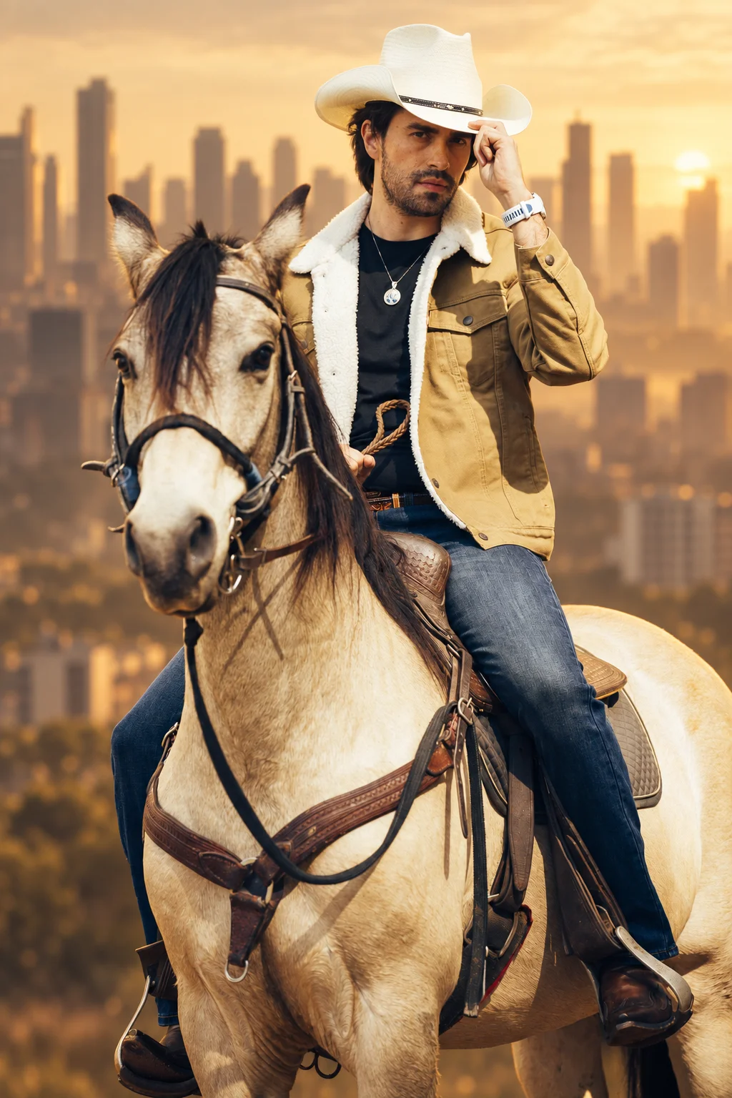 Gigio Teixeira de chapéu branco, montado em seu cavalo.