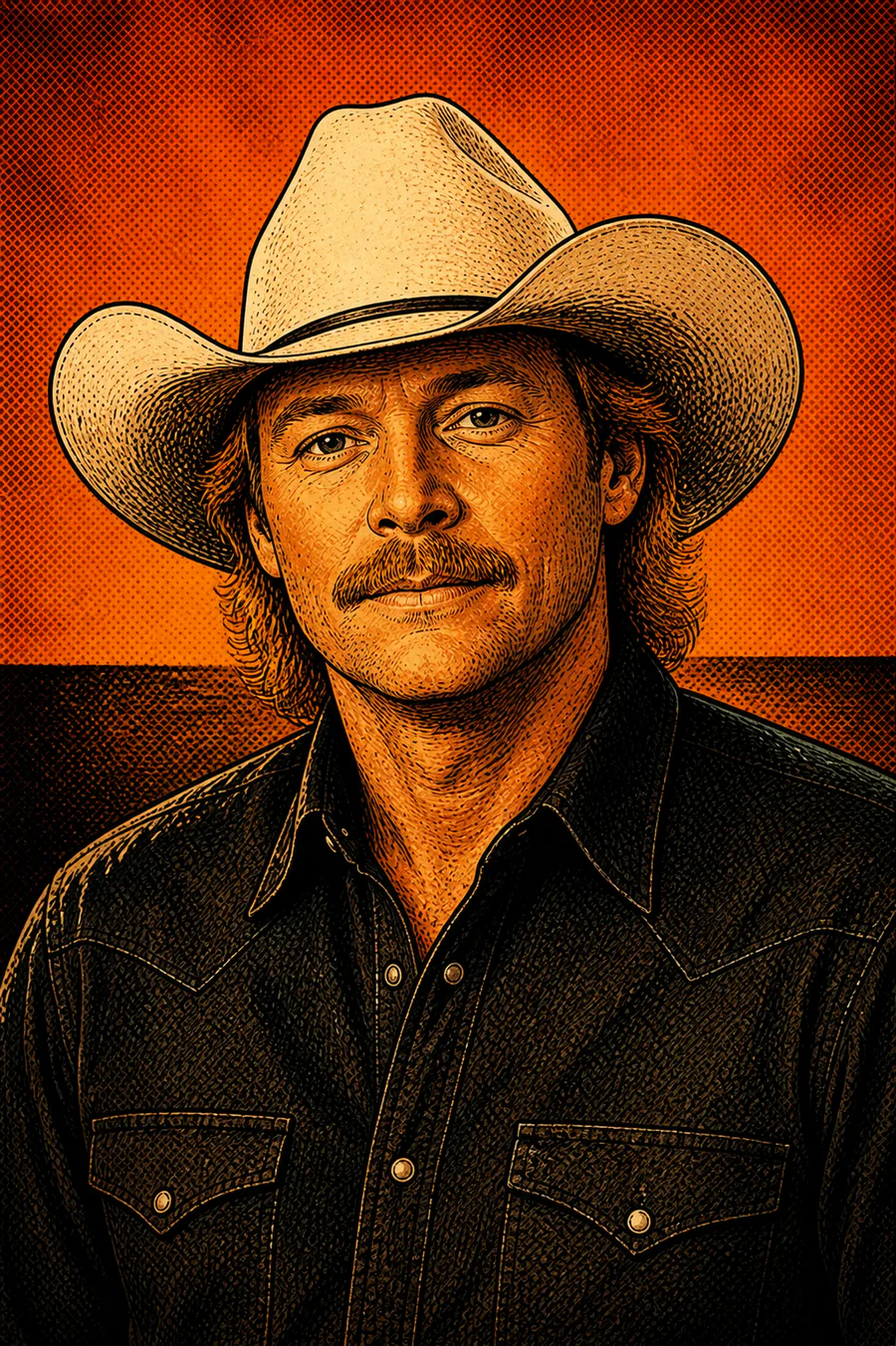 Retrato de Alan Jackson em estilo graphic novel, com chapéu branco e camisa preta