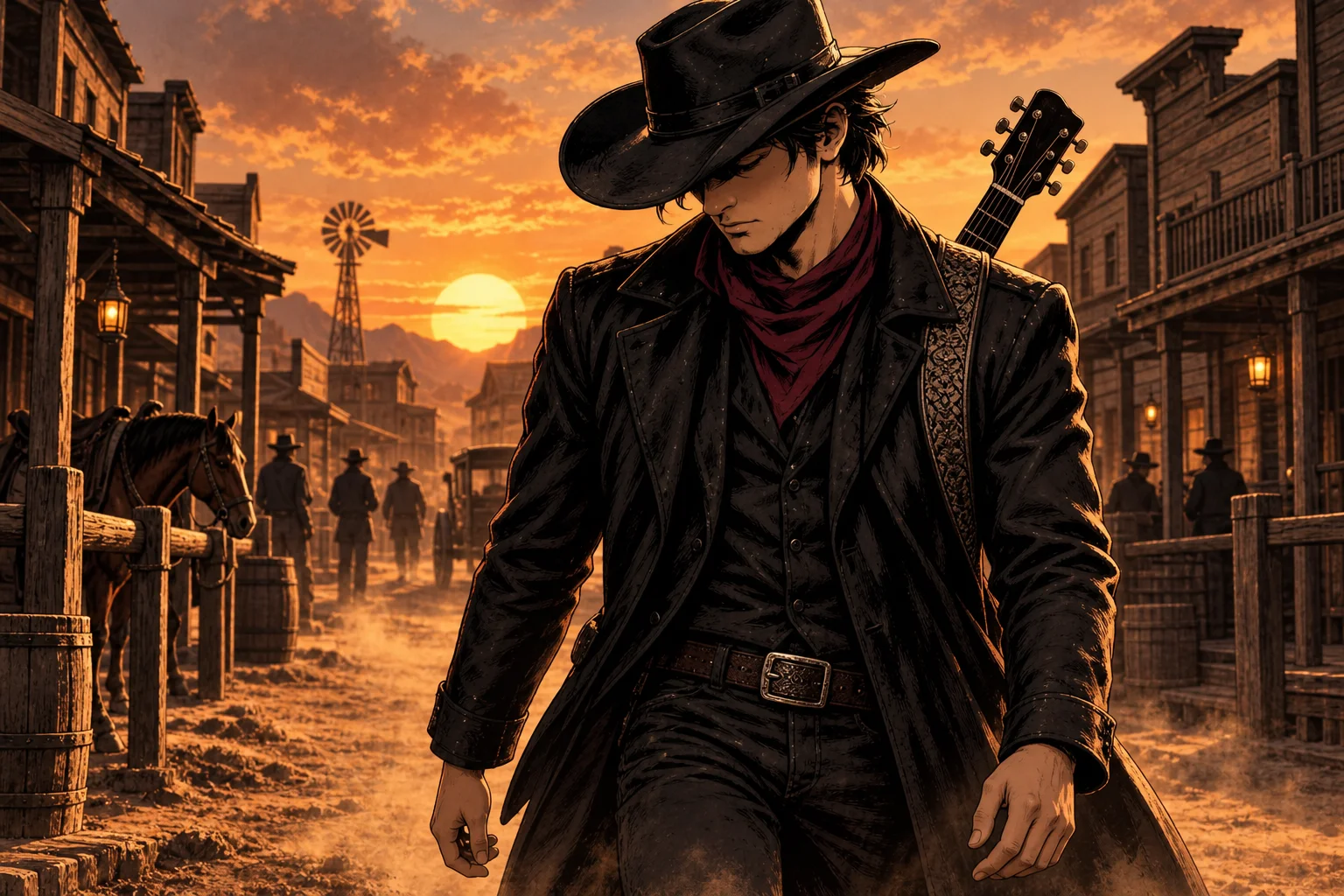 Gigio de chapéu preto e lenço vinho chega com seu violão a uma cidade do Oeste ao pôr do sol, em quadrinhos.